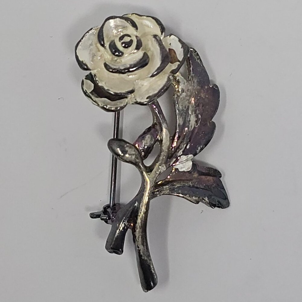 Vintage Shabby Chic White Rose Brooch Silver Tone Floral Costume Jewelry Pin - Picture 4 of 11